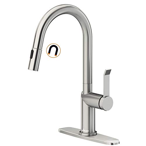 APPASO Modern Kitchen Faucet with Pull Down Magnetic Docking Multi-Flow Sprayer Brushed Nickel, Single-Handle High Arc Swan-Neck Kitchen Sink Faucet with Optional Deck Plate, Stainless Steel, APS204BN