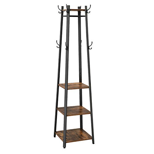 VASAGLE Coat Rack, Coat Stand with 3 Shelves, Hall Trees Free Standing with Hooks for Scarves, Bags and Umbrellas, Steel Frame, Industrial Style, Rustic Brown and Black ULCR80X