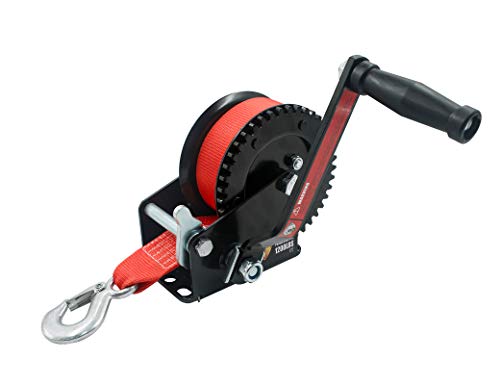 TYT New 1200 lb. Load Capacity Trailer Winch, Hand Crank Strap Gear Winch with 26 ft Red Strap and Heavy Duty Hook, Manual Operated Two-Way Ratchet ATV Boat Trailer Marine(Black Winch and Red Strap)