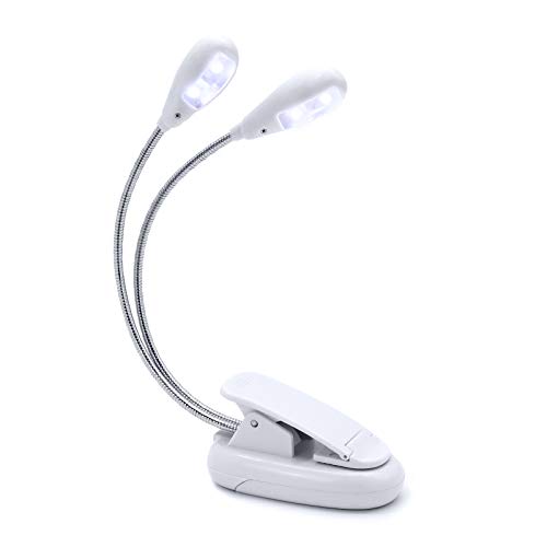 Music Stand Light, White Clip on LED Book Lights, USB and AAA Battery Operated, Reading Lamp in Bed, 4 Brightness Levels, ideal for Bookworms, Piano Player, Kids, Travel (Dual Arm)