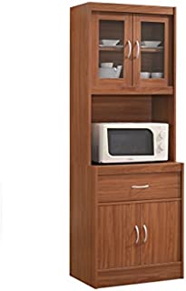 Hodedah Long Standing Kitchen Cabinet with Top & Bottom Enclosed Cabinet Space, One Drawer, Large Open Space for Microwave, Cherry