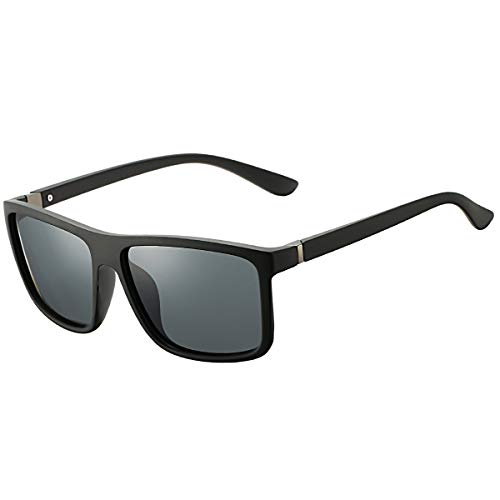 DeBuff Mens Square Polarized Sunglasses Stylish Driving Sun Glasses  TAC, UV400 (Matte Black/Grey)