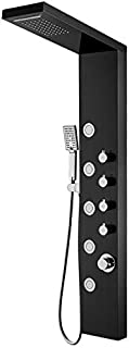 ROVOGO Shower Panel Tower with Rainfall Waterfall Shower Head, 5 Body Jets and 3-Function Handheld Shower Head, Stainless Steel Rain Massage System, Wall-Mount Complete Shower Column, Black