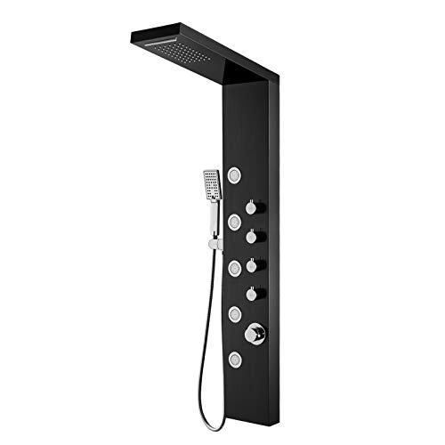 ROVOGO Shower Panel Tower with Rainfall Waterfall Shower Head, 5 Body Jets and 3-Function Handheld Shower Head, Stainless Steel Rain Massage System, Wall-Mount Complete Shower Column, Black