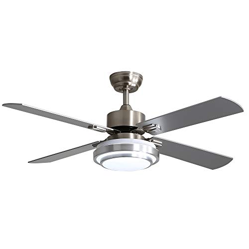 Warmiplanet 52-inch indoor ceiling fan with integrated LED lighting kit and remote control, four reversible white/silver blades, brushed nickel