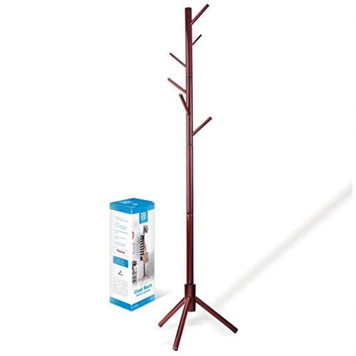 High-Grade Wooden Tree Coat Rack Stand, 6 Hooks - Super Easy Assembly NO Tools Required - 3 Adjustable Sizes Free Standing Coat Rack, Hallway/Entryway Coat Hanger Stand for Clothes, Suits, Accessories