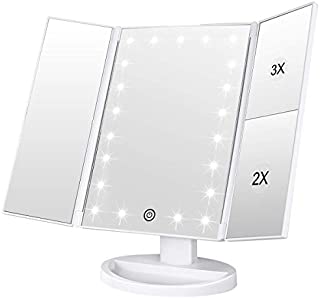 WEILY Lighted Makeup Mirror with 21 LED Lights, Trifold Vanity Mirror with 3X/2X/1X Magnification, Touch Screen, Dual Power Supply, 180 Degree Rotation Portable Mirrors for Travel (White)