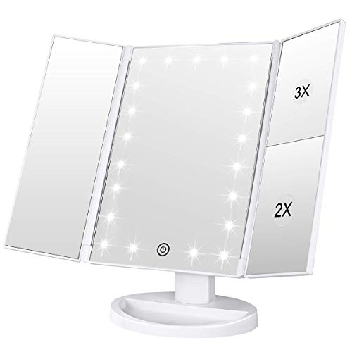 WEILY Lighted Makeup Mirror with 21 LED Lights, Trifold Vanity Mirror with 3X/2X/1X Magnification, Touch Screen, Dual Power Supply, 180 Degree Rotation Portable Mirrors for Travel (White)