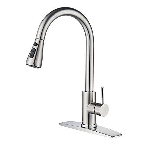 FORIOUS Kitchen Faucet with Pull Down Sprayer Brushed Nickel, High Arc Single Handle Kitchen Sink Faucet with Deck Plate, Commercial Modern rv Stainless Steel Kitchen Faucets, Grifos De Cocina