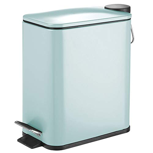 mDesign 5 Liter Rectangular Small Steel Step Trash Can Wastebasket, Garbage Container Bin for Bathroom, Powder Room, Bedroom, Kitchen, Craft Room, Office - Removable Liner Bucket - Mint Green