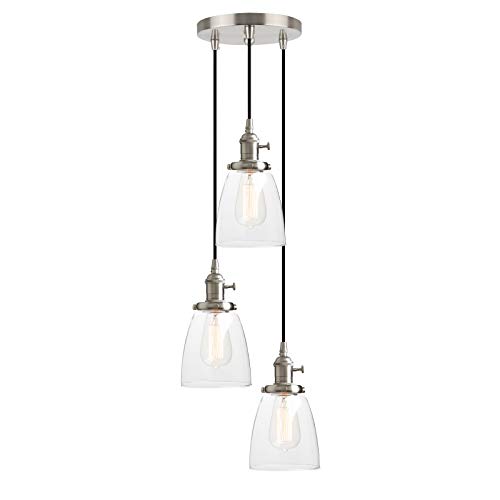 Pathson 3 Lights Pendant Lighting, Industrial Dining Pendant Lights with Clear Glass, Bathroom Pendant Light Fixtures Hanging Lamps for Kitchen Island Living Room (Brushed Steel)