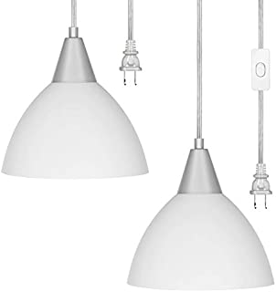 DEWENWILS Plug in Pendant Light, Hanging Light with 15ft Clear Cord, On/Off Switch, Frosted Plastic White Shade, Hanging Ceiling Light for Living Room, Bedroom, Dining Hall, Pack of 2