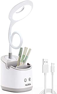 Desk Lamp Kids with Small Night Light LED USB Rechargeable Student Table Lamp Dimmable Eye-caring Cute Study Computer Lamp for Office Dorm, Touch control, Flexible Gooseneck, Phone & Pen Holder (Grey)