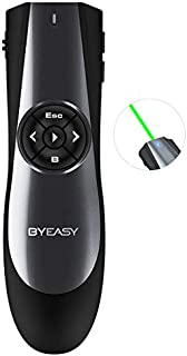 BYEASY Presentation Clicker with Green Laser and Volume Control, RF 2.4GHz Wireless Presenter Remote 100 FT, USB PPT Clicker for Google Slides, PowerPoint and More