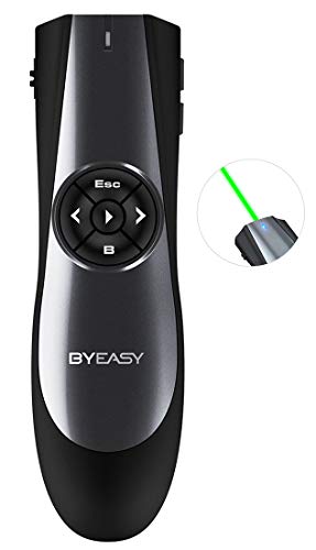 BYEASY Presentation Clicker with Green Laser and Volume Control, RF 2.4GHz Wireless Presenter Remote 100 FT, USB PPT Clicker for Google Slides, PowerPoint and More