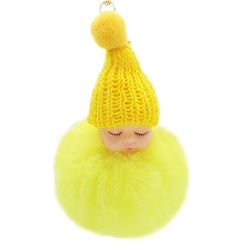 LW Fur Fluffy Key Chains, Sleeping Baby Doll Keychain Fur Ball Car Keyring Bag Handbag Key Ring(8-12cm) (Yello)