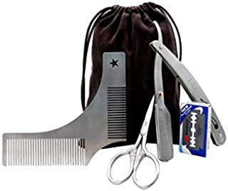 Beard Grooming Kit for Men, Beard Shaping Styling Gift Set with Inbuilt Comb, Straight Edge Razor, 10 Double Edged Blades, Scissors &Bag  3 In 1