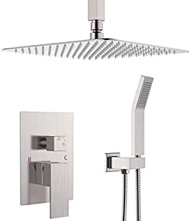 Ceiling Mounted Shower System-Brushed Nickel Shower Combo Set with 12 Inches Square Rain Shower Head, Handheld and Shower Faucet Rough-in Mixer Valve and Trim