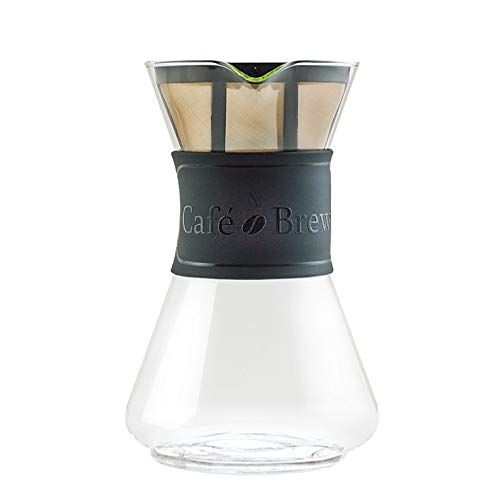 CAFE BREW COLLECTION High End Pour Over Coffee Maker with Permanent BPA Free #4 Coffee Filter/Coffee Dripper- Heat Resistant DURAN Borosilicate Glass 8 Cup (40 oz) Carafe & Black Silicone Comfort Grip