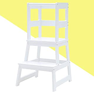 KATARUS Kitchen Step Stool for Kids and Toddlers with Safety Rail Children Standing Tower for Kitchen Counter, Step Up Learning Stool Monthers' Helper, Solid Hardwood Construction, White