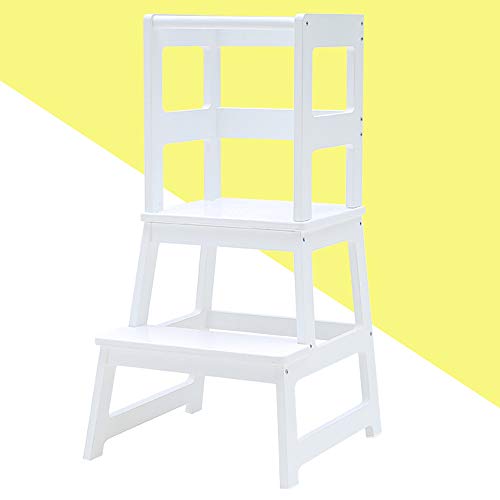 KATARUS Kitchen Step Stool for Kids and Toddlers with Safety Rail Children Standing Tower for Kitchen Counter, Step Up Learning Stool Monthers' Helper, Solid Hardwood Construction, White