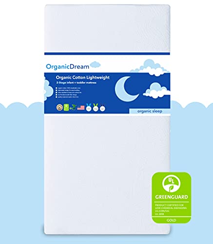 Organic Dream Crib and Toddler Mattress - Organic Cotton Lightweight - 100% Breathable & Hypoallergenic - Baby + Toddler Bed