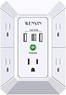 USB Wall Charger, Surge Protector, 5 Outlet Extender with 3 USB Ports 3-Sided 1680J Power Strip Multi Plug Outlets Wall Adapter Spaced for Home Travel Office (2USB 1Typc C)