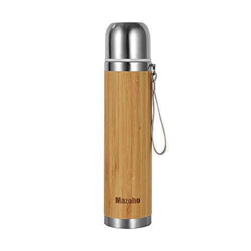 Mazoho Bamboo coffee thermos water bottle,17oz Double wall stainelss steel Insulated Vacuum Flask,Leak Proof coffee thermoses Hot & Cold for Hours