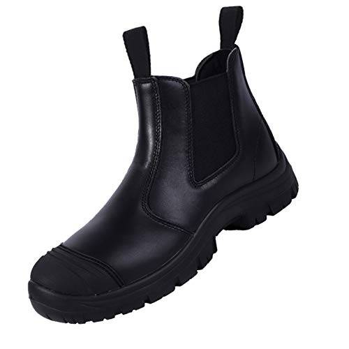 BOIWANMA Work Safety Boots for Men Breathable Work Shoes Electric Hazard, Slip Resistant, Quick Dry, Comfortable Pull-On Leather Steel Toe Work Boots for Work, Construction, and Casual, Size 10 Black