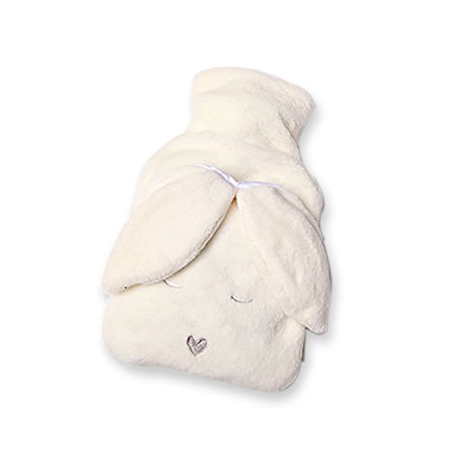 Hot Water Bottle with Cover, Rubber Hot Water Bottle, Hot Water Bag with Cute Knit Cover/Luxurious Cozy Faux Fur Cover (2 Liter/White Rabbit)