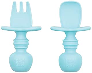 Bumkins Utensils Silicone Chewtensils Fork and Spoon Set Training Utensils Led Weaning Stage for Ages 6 Months+ in , Blue-SFI, Baby