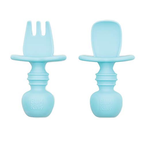 Bumkins Utensils Silicone Chewtensils Fork and Spoon Set Training Utensils Led Weaning Stage for Ages 6 Months+ in , Blue-SFI, Baby