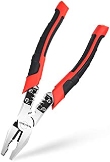 Lineman's Pliers, Combination Pliers with Wire Stripper/Crimper/Cutter Function, Heavy Duty Side Cutting High-Leverage Plier, 8 inch NEWACALOX Red