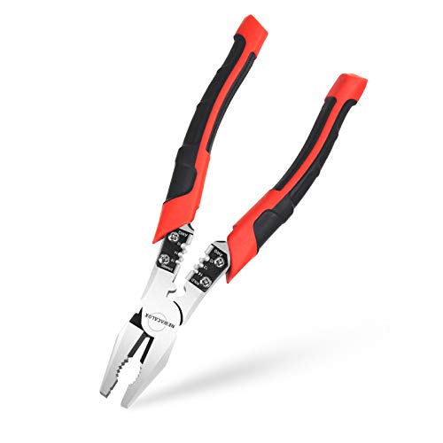 Lineman's Pliers, Combination Pliers with Wire Stripper/Crimper/Cutter Function, Heavy Duty Side Cutting High-Leverage Plier, 8 inch NEWACALOX Red