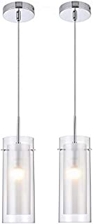 MonDaufie 2 Pack Cylinder Bar Pendant Light with Clear and Frost Glass Hanging Pendant Lighting Fixture for Dining Room Bathroom Kitchen Island Chrome Finish