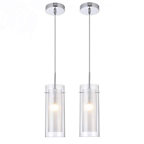 MonDaufie 2 Pack Cylinder Bar Pendant Light with Clear and Frost Glass Hanging Pendant Lighting Fixture for Dining Room Bathroom Kitchen Island Chrome Finish