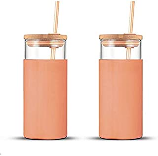 Tronco 20oz Glass Tumbler Glass Water Bottle Straw Silicone Protective Sleeve Bamboo Lid - BPA Free (Papaya/2-Pack)