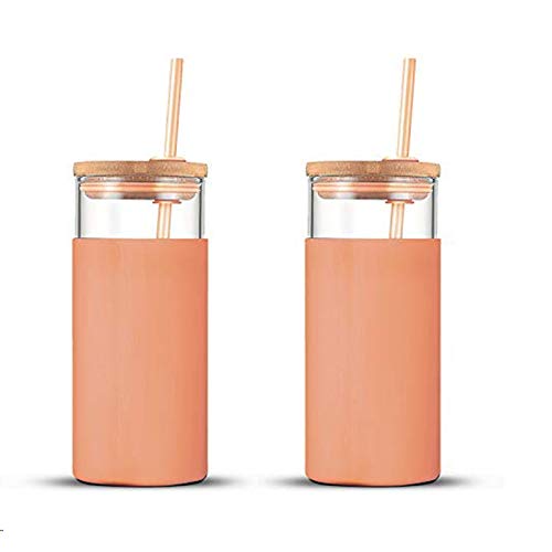 Tronco 20oz Glass Tumbler Glass Water Bottle Straw Silicone Protective Sleeve Bamboo Lid - BPA Free (Papaya/2-Pack)