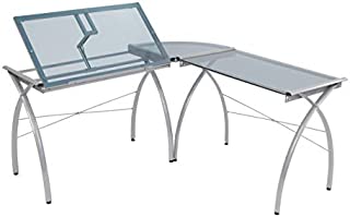 SD STUDIO DESIGNS Futura LS WorkCenter with Tilt Top Adjustable Drafting Table Craft Table Drawing Desk Hobby Table Writing Desk Studio Desk, Silver / Blue Glass