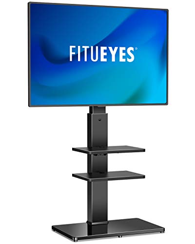 FITUEYES Universal Swivel Floor TV Stand with Mount Height Adjustable for Most TVs up to 65 Inch, Sturdy Tempered Glass Base and Component Shelves for Media Storage TT307001MB