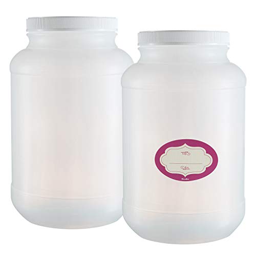 Pack of 2  1 Gallon Natural Round Plastic Container - Empty 128 Oz Wide-Mouth Canisters  Large Heavy Duty Storage Jug With Lids and Labels - Food-Safe Non BPA - Great for Dry Goods, Kitchen Food