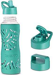 25oz Glass Water Bottle with Straw Cap  Wide Mouth Glass Sports Water Bottles w Protective Silicone Sleeve + 3 Reusable Different Leak-Proof Lids (BPA Free) for Fitness and Outdoor (Mint Blue)