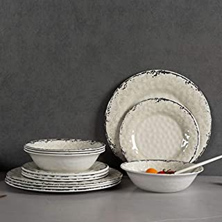 Melamine Dinnerware Set for 4 - 12pcs Dinnerware Dishes Set for Indoor and Outdoor Use, Dishwasher safe, Unbreakable, Light Grey