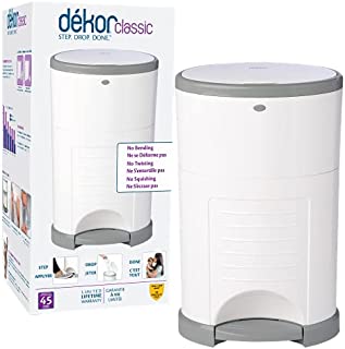 Dekor Classic Hands-Free Diaper Pail | White | Easiest to Use | Just Step  Drop  Done | Doesnt Absorb Odors | 20 Second Bag Change | Most Economical Refill System