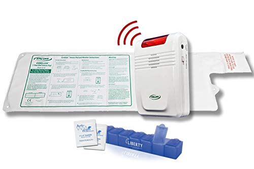 Smart Caregiver Wireless Bed Alarm System - Cordless Weight Sensing Bed Alarm Pad (10 x 30) with Remote Alert Monitor, Free Individual Cleaning Wipes and Liberty 7 Day Pill Box