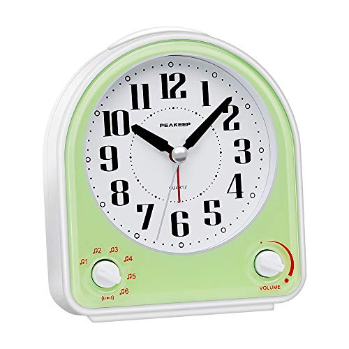 Peakeep Non-Ticking Silent Alarm Clock, Optional 7 Wake-up Sounds with Volume Control, Nightlight and Snooze, AA Battery Operated and Included (Green)