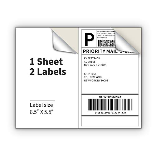 KKBESTPACK Half Sheet Shipping Labels for Laser and Inkjet Printers  2 Per Page Self Adhesive Mailing Labels for Packages  White 8.5 x 5.5 Postage Labels for Shipping Boxes (200 Labels) (2LP)