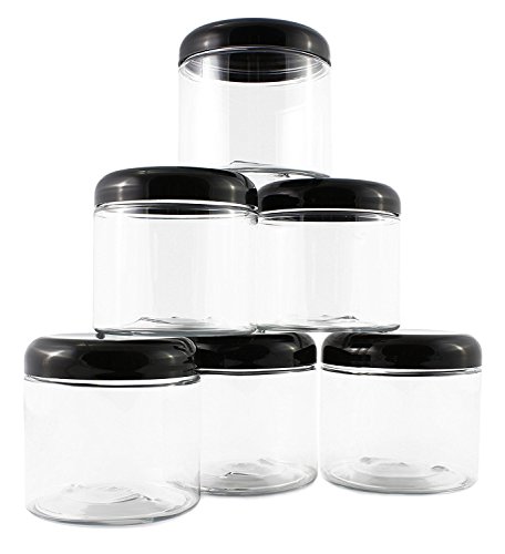 16oz Clear Plastic Jars w/Domed Lids (6 pack); BPA Free PET Stackable Straight Sided Canisters for Bathroom & Kitchen Storage of Dry Goods, Creams and More