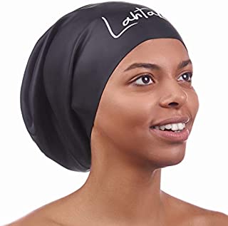 Long Hair Swim Cap - Swim Caps Cool - Stylish Swim Cap for Braids Weaves Dreadlocks - Silicone Shower Cap (Black L)