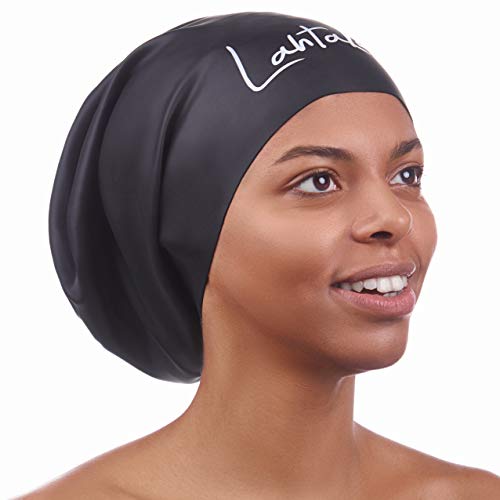 Long Hair Swim Cap - Swim Caps Cool - Stylish Swim Cap for Braids Weaves Dreadlocks - Silicone Shower Cap (Black L)